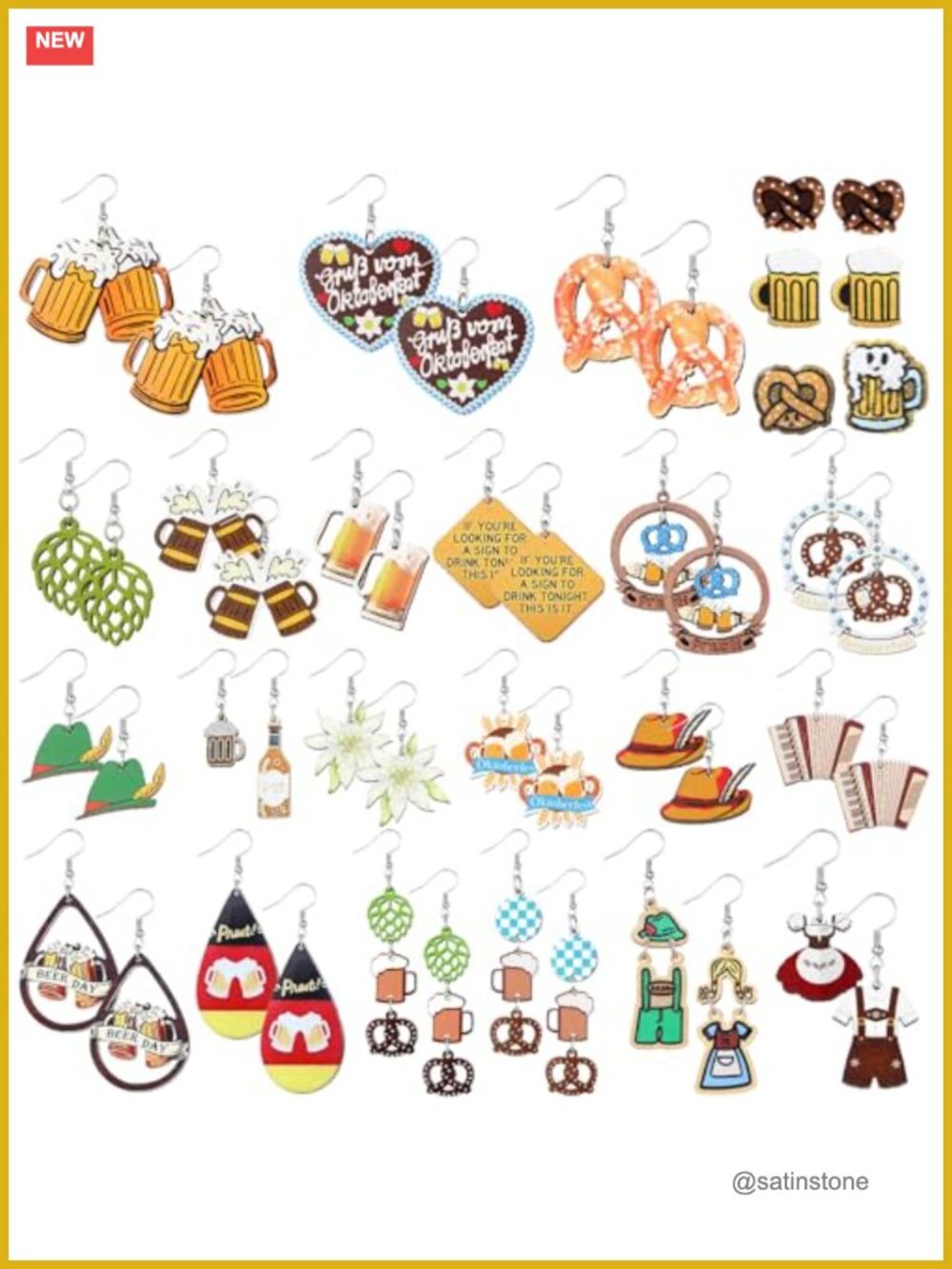 24 Pairs Oktoberfest Earrings Wooden Beer German Pretzel Drop & Dangle